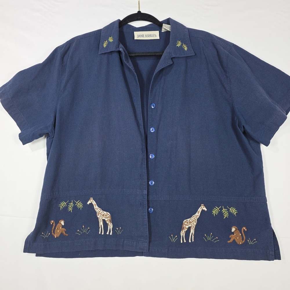 Jane Ashley XL Top Navy Blue 100% Cotton Short Sleeve Embroidered Giraffe Monkey